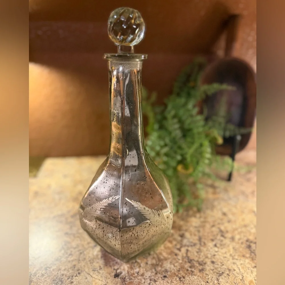 Pottery Barn Mercury Glass Decanter Carafe Genie Bottle Etched Flower Silver